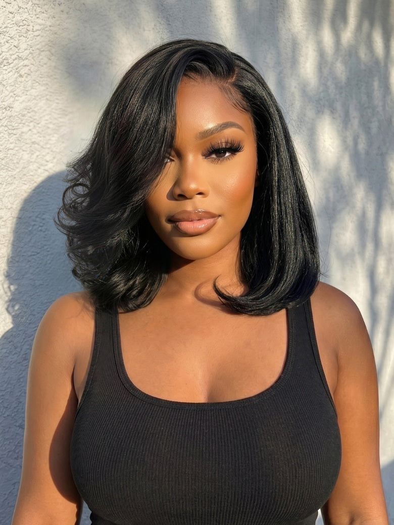 7x5 Pre Cut Sleek Straight Shoulder-Length Bob Lace Wig With Face-framing Soft Curled Ends Layers