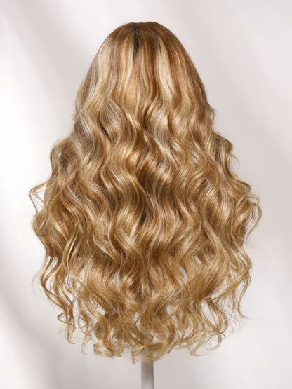 13x4 Pre Everything Long Layered Golden Blonde Blend With Brown Roots Loose Wave Lace Frontal Wig With Face-Framing Curtain Bangs