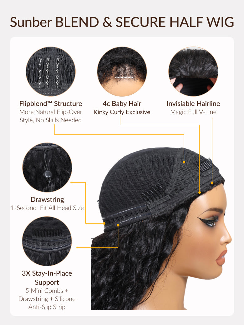 Blend & Secure Blow-out Natural Black Yaki Straight Bob Half Wig With Invisi Drawstring