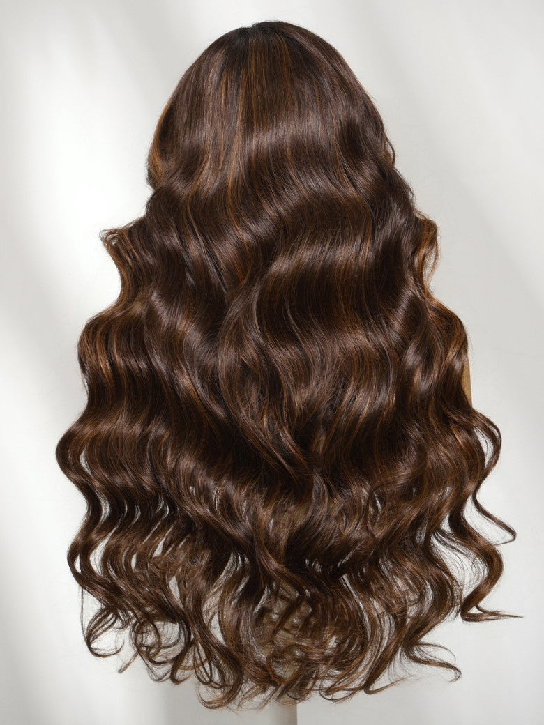 Body Wave Dark Chocolate Brown Highlights 7x5 Pre Cut Lace With No Slip Glueless Wig