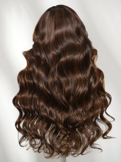 Body Wave Dark Chocolate Brown Highlights 7x5 Pre Cut Lace With No Slip Glueless Wig