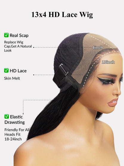 13x4 HD Real Scalp Pre Everything Natural Black Kinky Straight Lace Frontal Wig With Invisi Drawstring