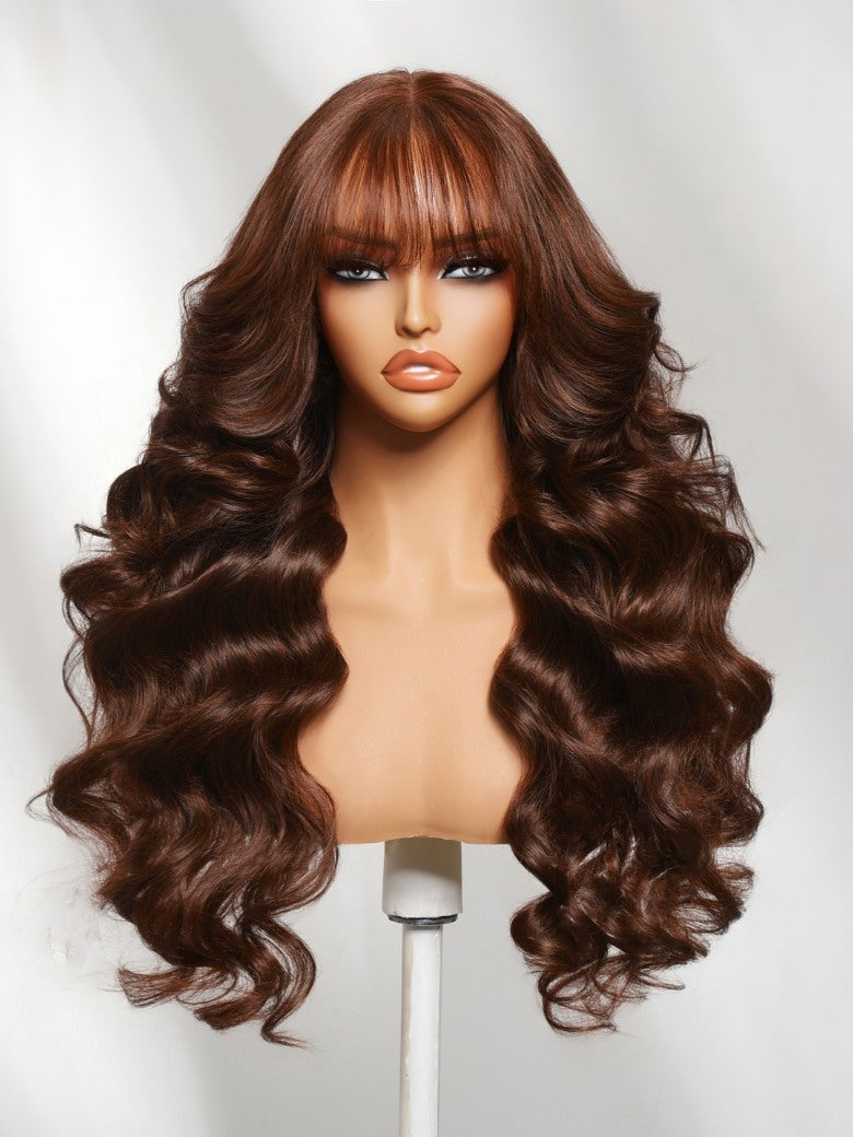 180% Density 7x5 Pre Cut Chocolate Auburn Brown Salon styled Lace Wig With Face Framing Curtain Bangs