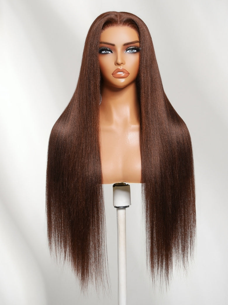 Chestnut Mocha Brown Yaki Straight 7x5 Lace Closure Put on and Go Wig With Elastic Drawstring