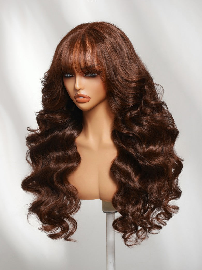 180% Density 7x5 Pre Cut Chocolate Auburn Brown Salon styled Lace Wig With Face Framing Curtain Bangs