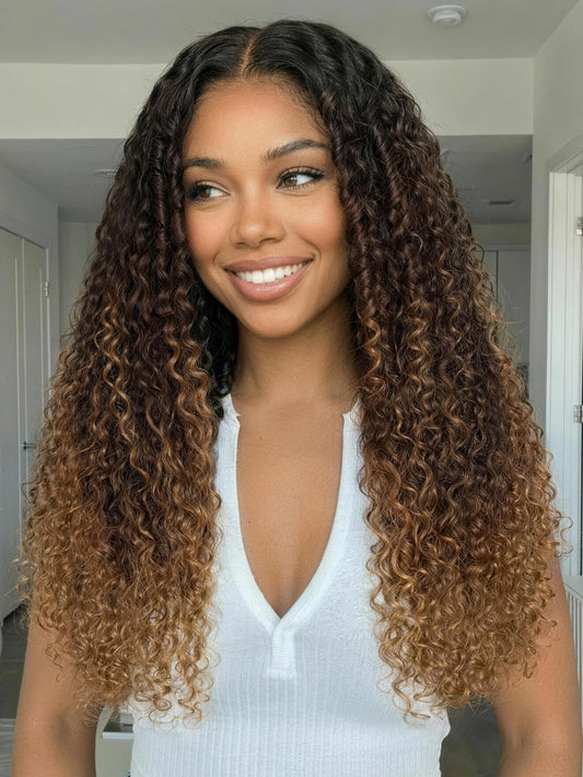 7x5 Pre Cut Dark Brown Ombre With Caramel Ends Curly Wave Lace Wig With Finger Coil Defined Curls