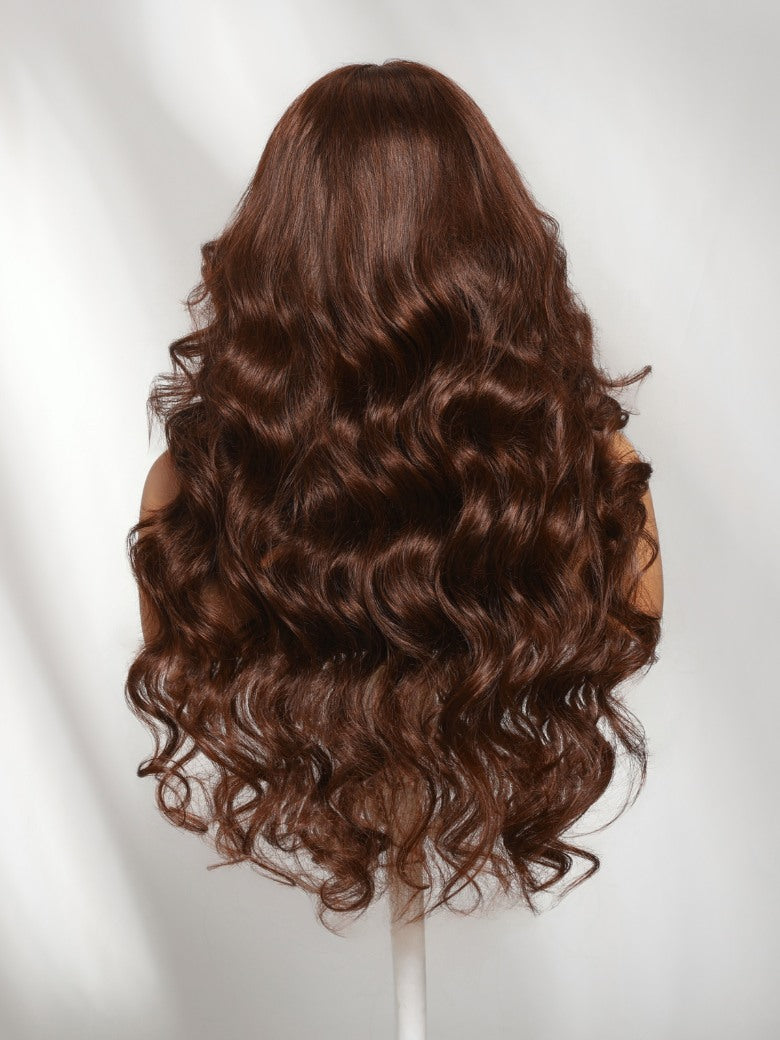 180% Density 7x5 Pre Cut Chocolate Auburn Brown Salon styled Lace Wig With Face Framing Curtain Bangs