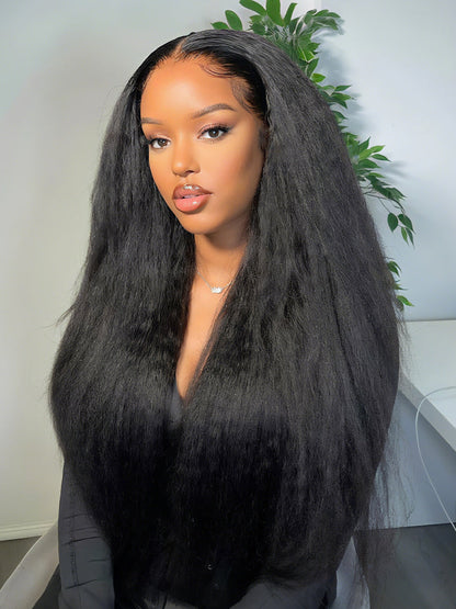 13x4 HD Real Scalp Pre Everything Natural Black Kinky Straight Lace Frontal Wig With Invisi Drawstring