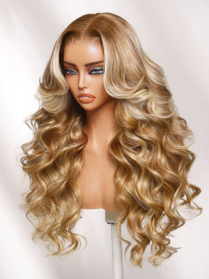 13x4 Pre Everything Long Layered Golden Blonde Blend With Brown Roots Loose Wave Lace Frontal Wig With Face-Framing Curtain Bangs