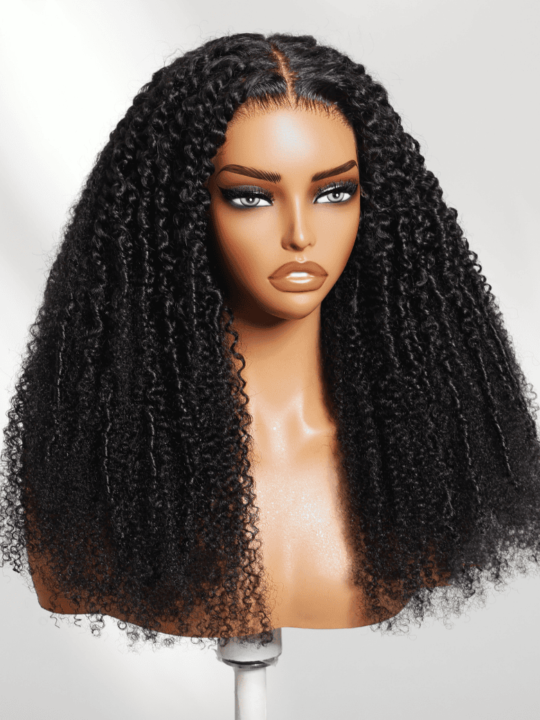 180% Density 4C Afro-coily Tight Voluminous Kinky Curly 7x5 Pre Cut Lace Wig With Finger Coils