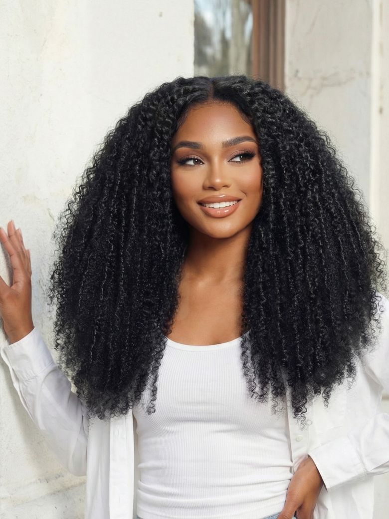 180% Density 4C Afro-coily Tight Voluminous Kinky Curly 7x5 Pre Cut Lace Wig With Finger Coils