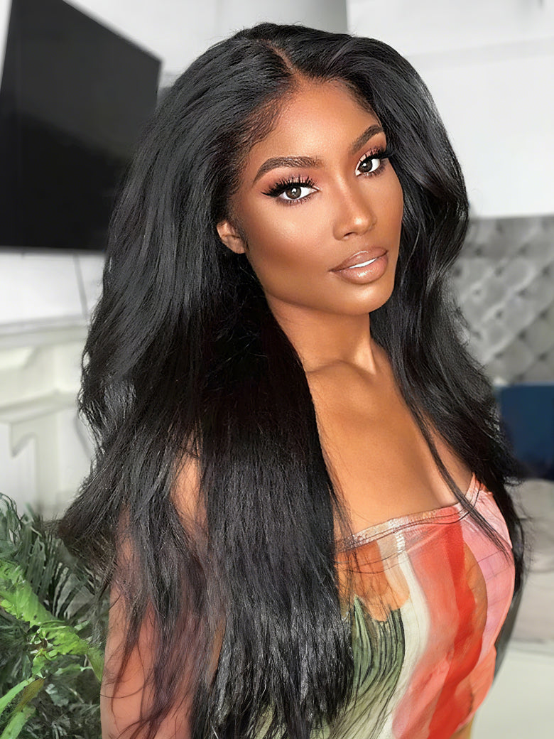 13x4 HD Real Scalp Pre Everything Natural Black Kinky Straight Lace Frontal Wig With Invisi Drawstring