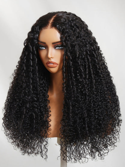 7x5 Pre Cut Lace Multi-Texture Mixed Curly Natural Black Wig Bleached Knots With Invisi Drawstring