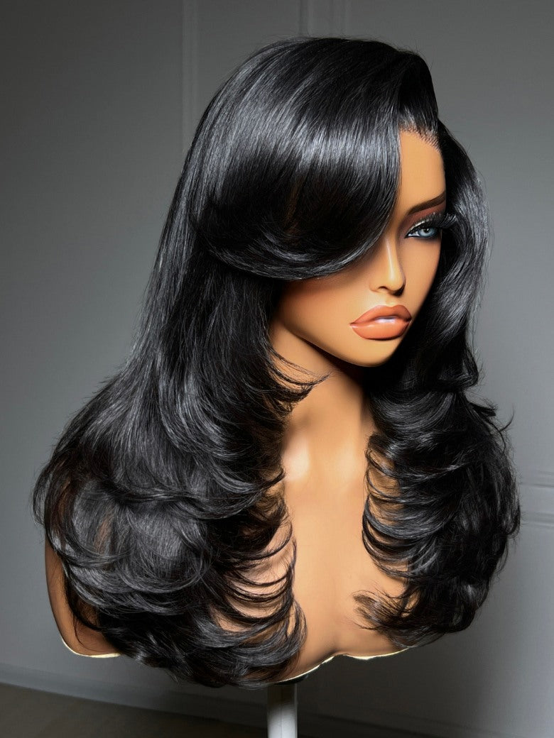 200% Density Feathered Hairstyles With Face-framing Side-swept Bang 7x5 Pre Cut Lace Wig With Flip-In Layers