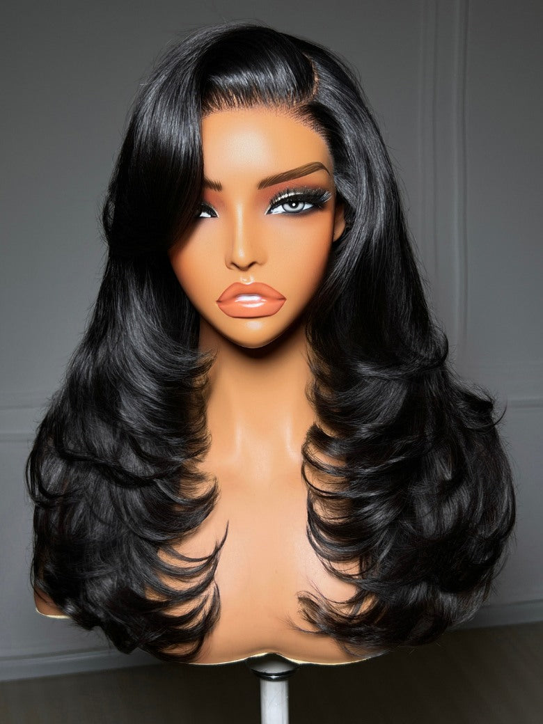 200% Density Feathered Hairstyles With Face-framing Side-swept Bang 7x5 Pre Cut Lace Wig With Flip-In Layers