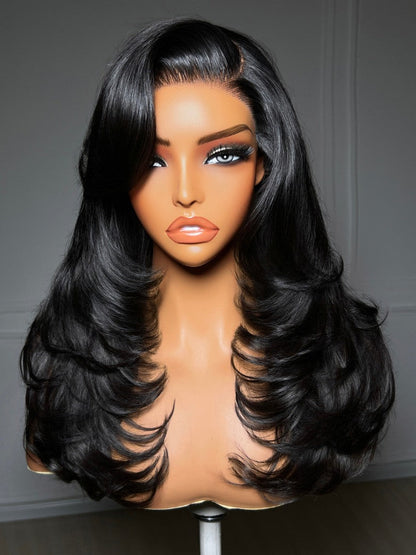 200% Density Feathered Hairstyles With Face-framing Side-swept Bang 7x5 Pre Cut Lace Wig With Flip-In Layers