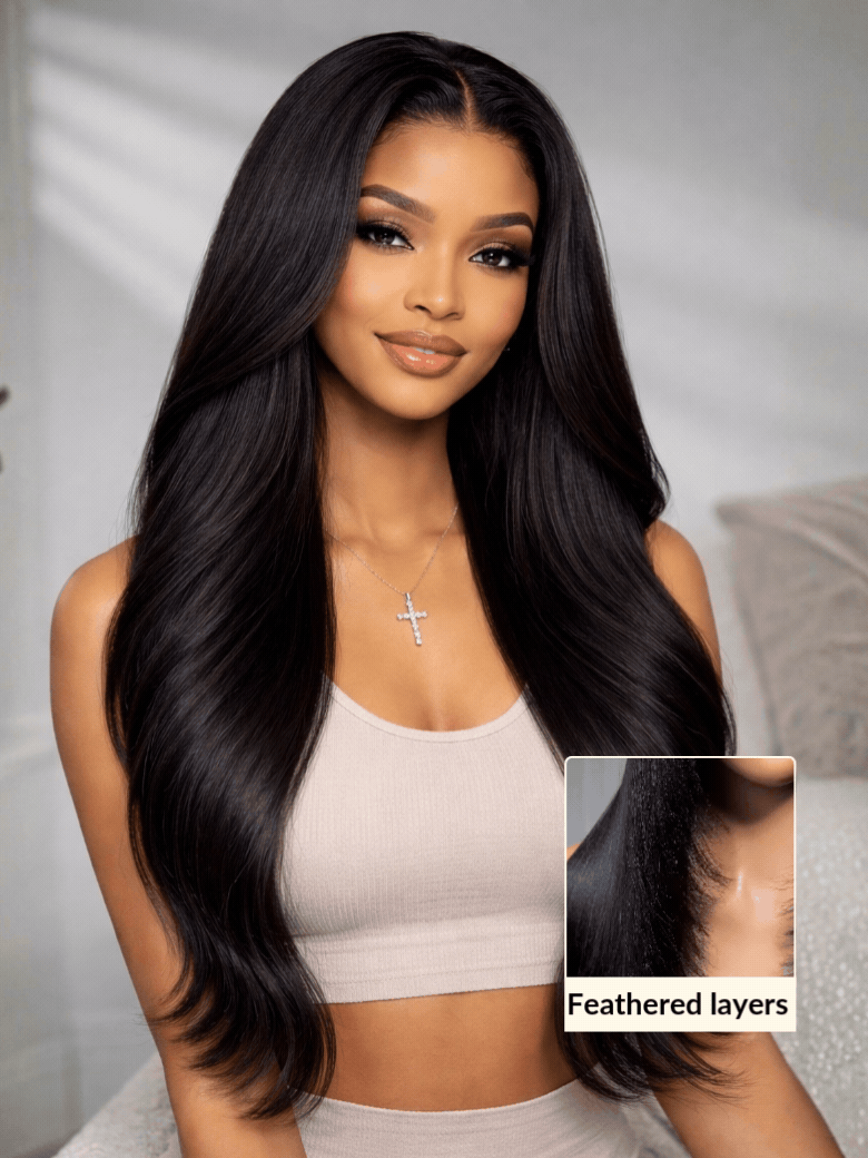 200% Density 13x4 Pre Everything Face-framing Feathered Layers Yaki Straight Lace Frontal Wig With Invisi Drawstring