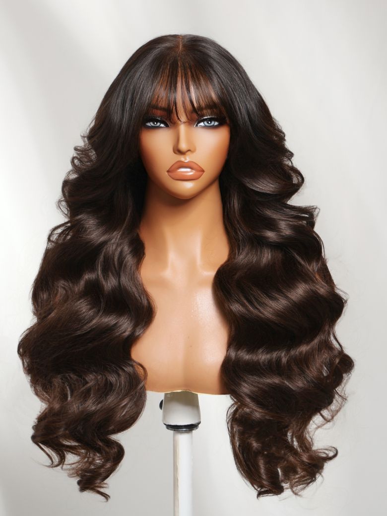 7x5 Pre Cut Salon Espresso Brown Ombre Loose Wave Lace Wig With Face-Framing Feathered Layers with Wispy Bangs