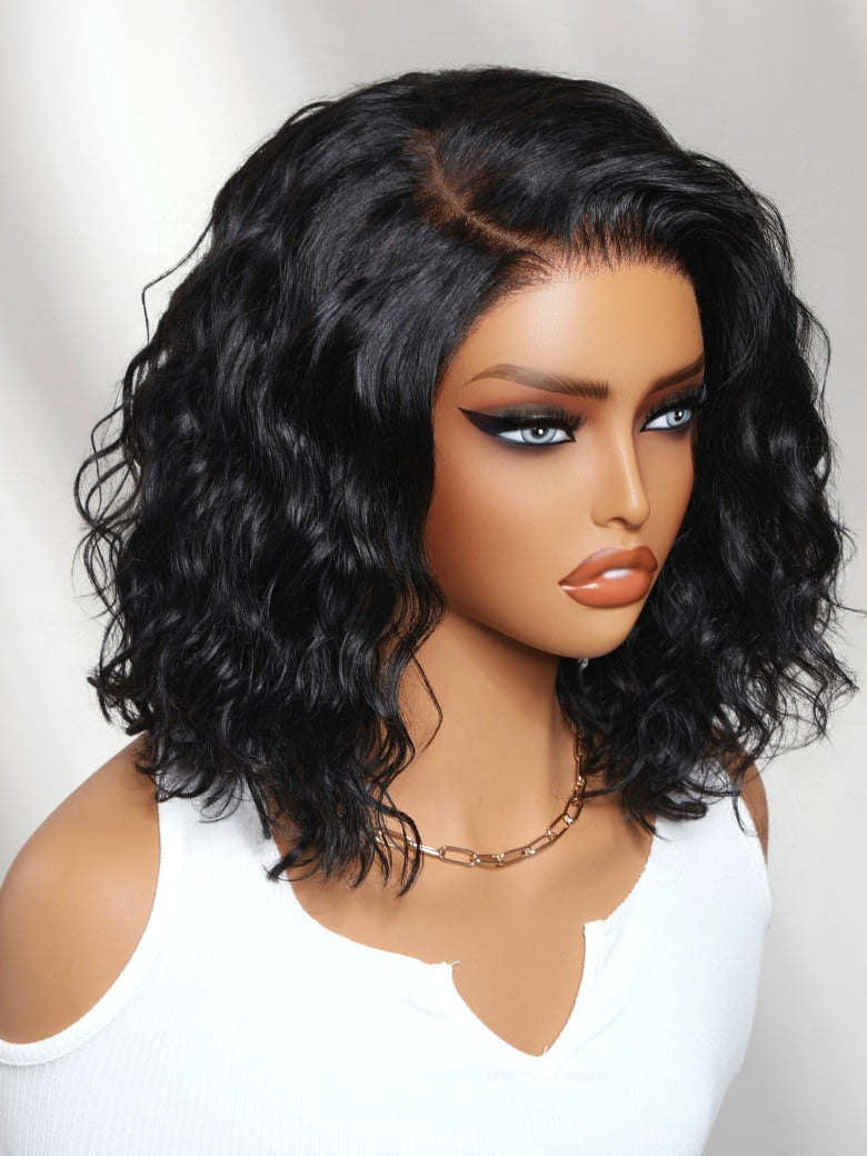 220% density 6X4 Glueless Lace "C" Side Part Shoulder-length Water Wave Short Wavy Bob Soft Natural Waves Wig With Invisi Drawstring