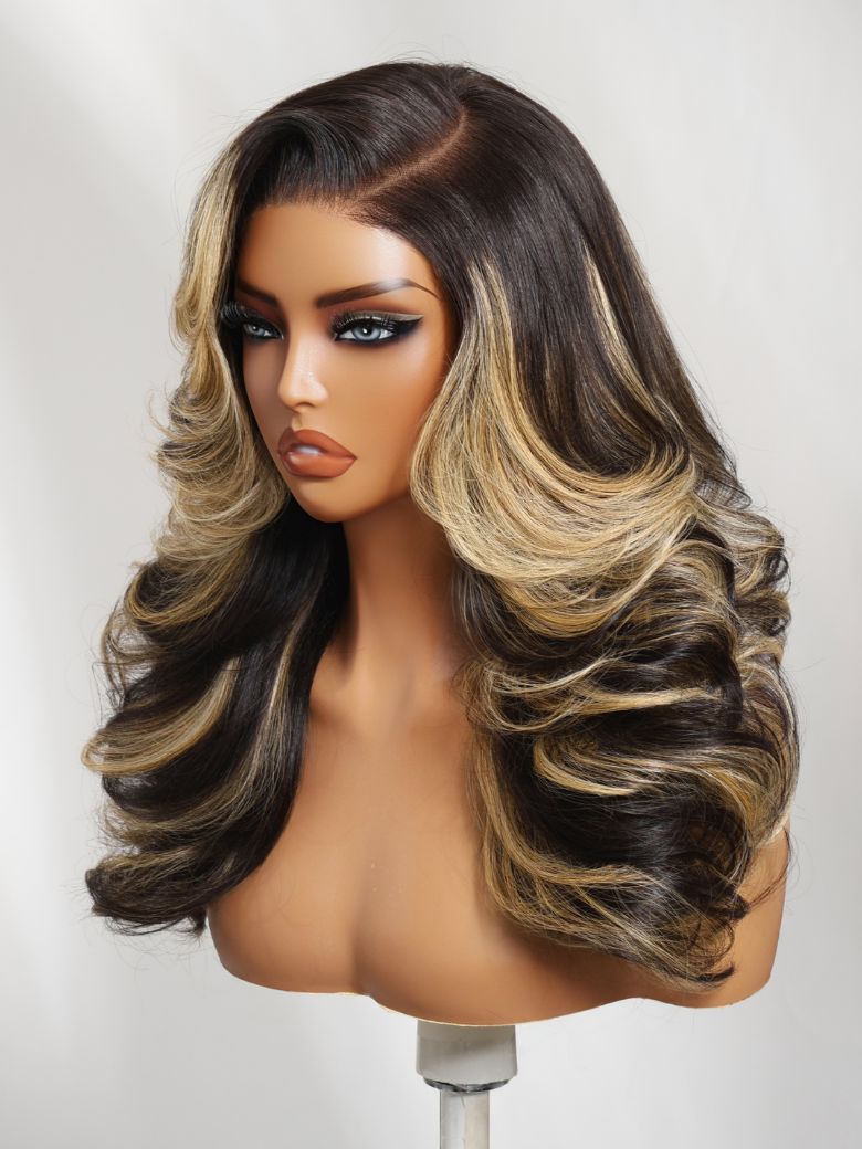 200% Density Blonde Highlights Effortlessly Feathered Hairstyles 7x5 Pre Cut Lace Wig With Layered Haircuts