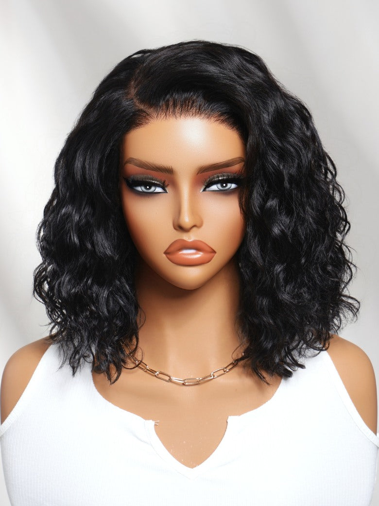 220% density 6X4 Glueless Lace "C" Side Part Shoulder-length Water Wave Short Wavy Bob Soft Natural Waves Wig With Invisi Drawstring