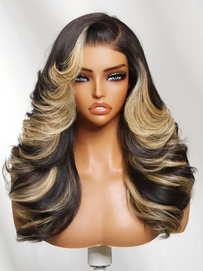 200% Density Blonde Highlights Effortlessly Feathered Hairstyles 7x5 Pre Cut Lace Wig With Layered Haircuts