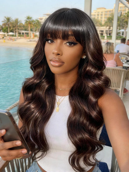 7x5 Pre Cut Salon Espresso Brown Ombre Loose Wave Lace Wig With Face-Framing Feathered Layers with Wispy Bangs