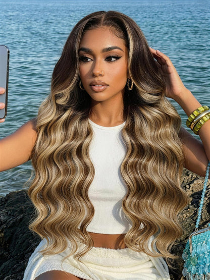 Honey Blonde 13x4 Pre Everything Balayage Body Wave Lace Frontal Wig With Chestnut Brown Root