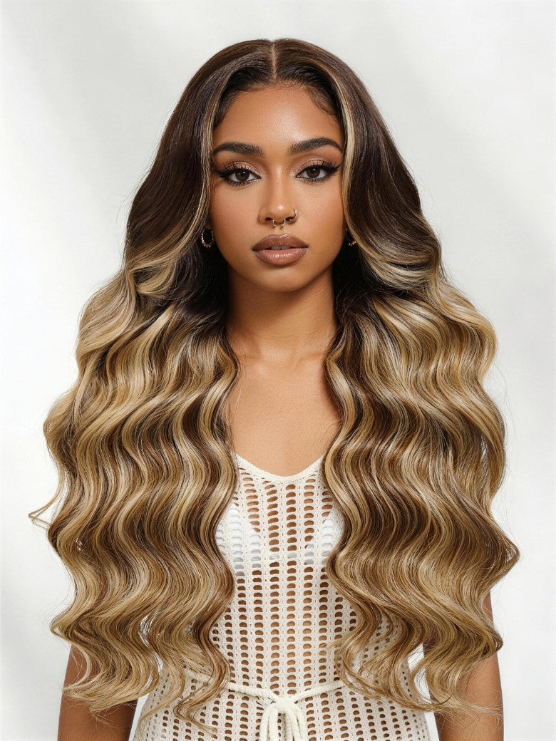 Honey Blonde 13x4 Pre Everything Balayage Body Wave Lace Frontal Wig With Chestnut Brown Root