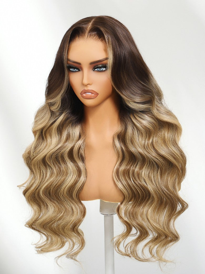 Honey Blonde 13x4 Pre Everything Balayage Body Wave Lace Frontal Wig With Chestnut Brown Root