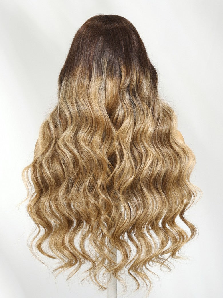 Honey Blonde 13x4 Pre Everything Balayage Body Wave Lace Frontal Wig With Chestnut Brown Root