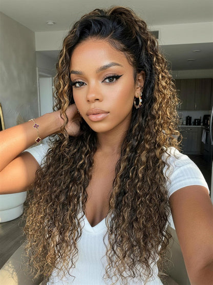 7x5 Pre Cut Water Wave Balayage Highlight Dark Roots Side Part Lace Wig With Invisi Drawstring