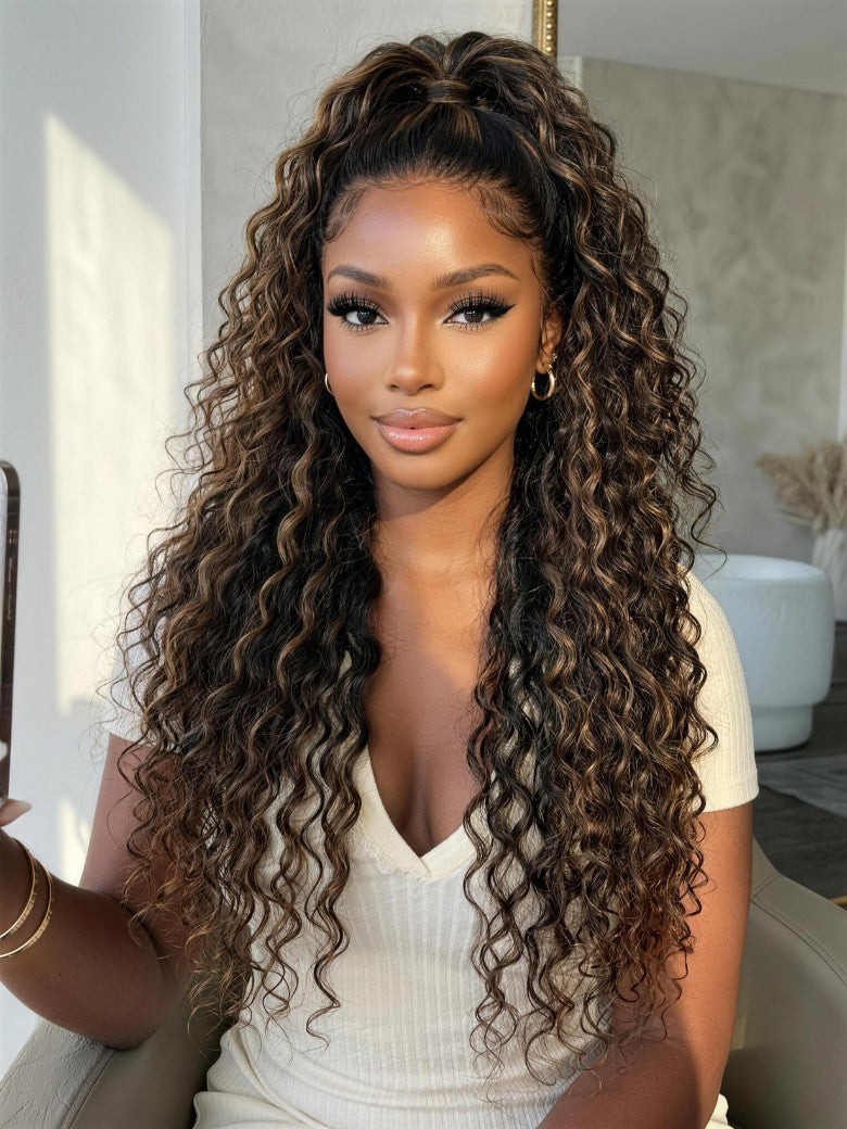 7x5 Pre Cut Water Wave Balayage Highlight Dark Roots Side Part Lace Wig With Invisi Drawstring