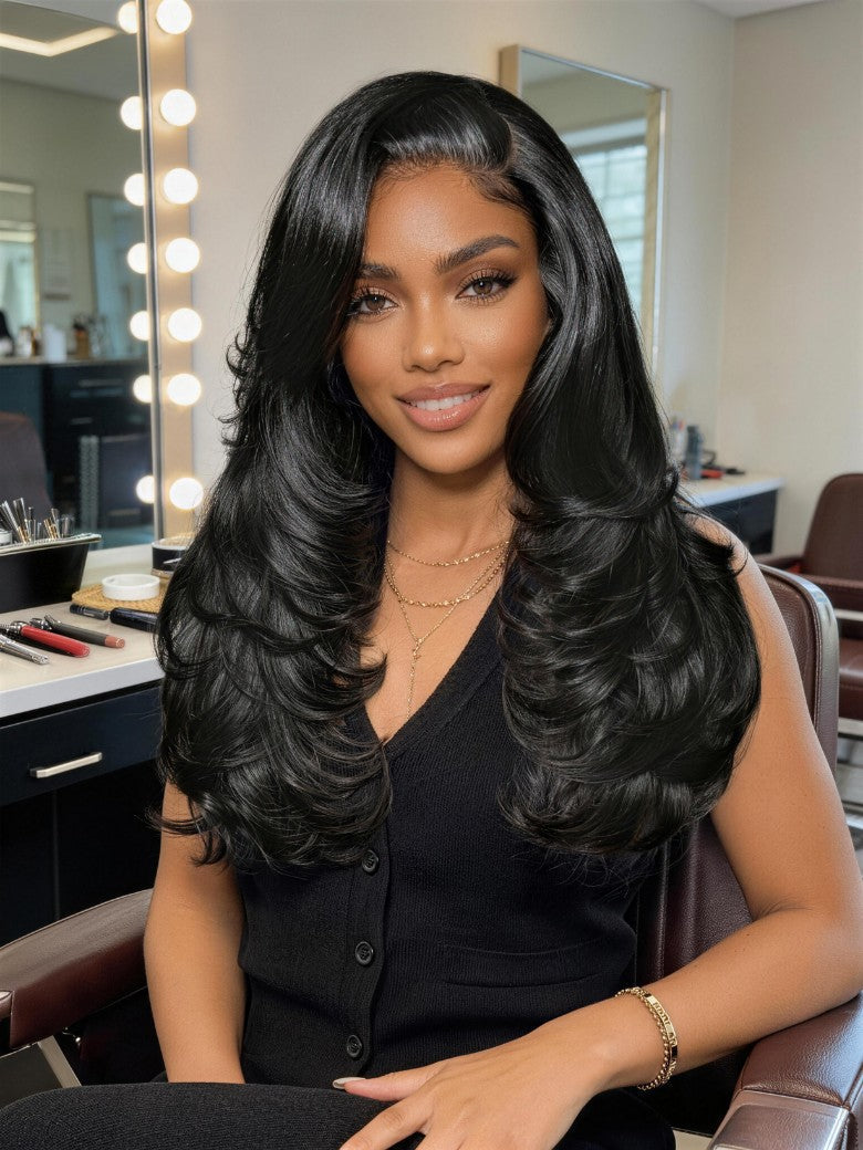200% Density Feathered Hairstyles With Face-framing Side-swept Bang 7x5 Pre Cut Lace Wig With Flip-In Layers