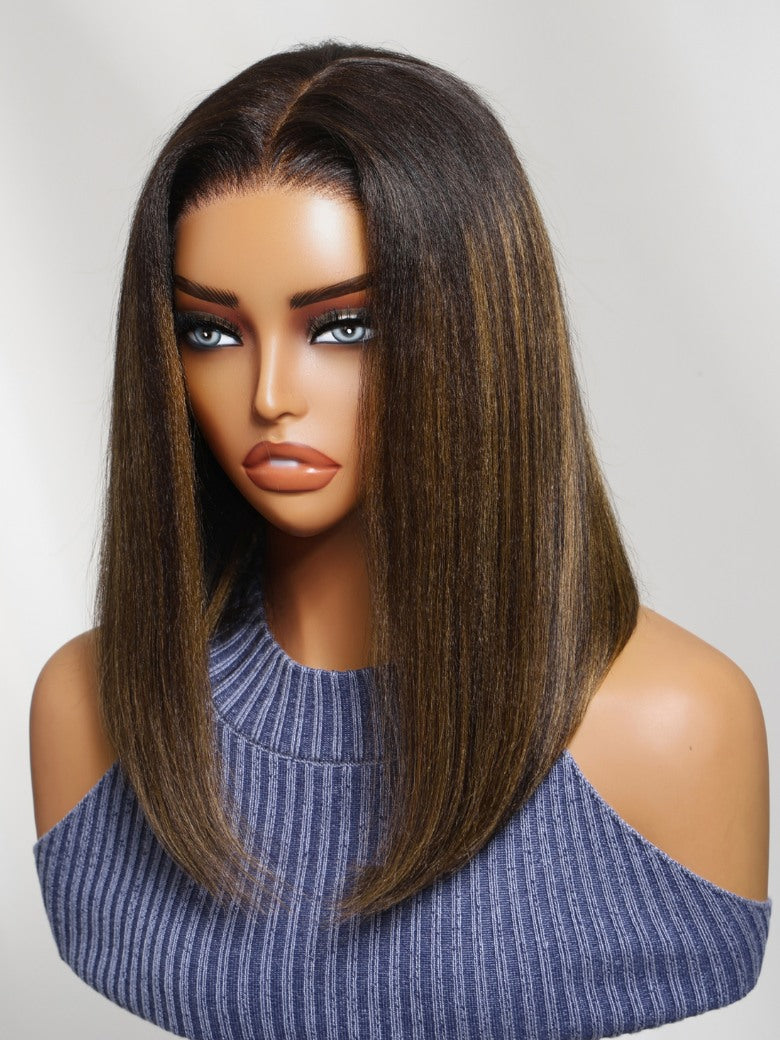 7x5 Pre Cut Balayage #1b/30 Highlight Yaki Straight Lace Wig With Invisi Drawstring