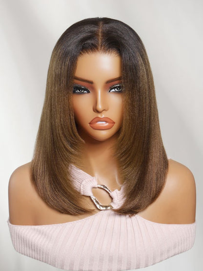 180% Density 7x5 Pre Cut Black to Chestnut Brown Ombre Yaki Straight Bob Lace Wig With Soft Face-framing Layers
