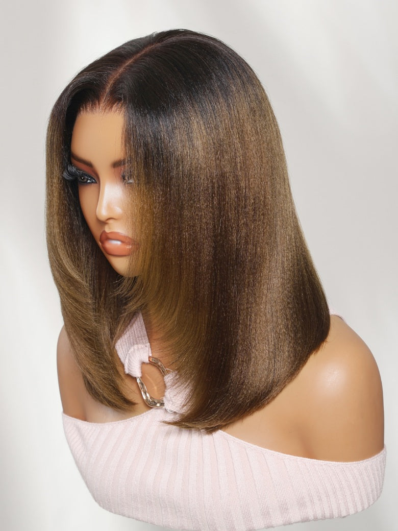 180% Density 7x5 Pre Cut Black to Chestnut Brown Ombre Yaki Straight Bob Lace Wig With Soft Face-framing Layers