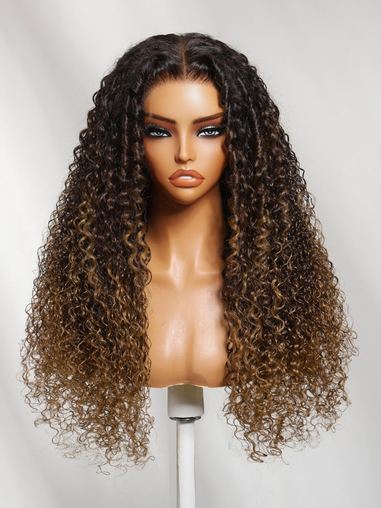 7x5 Pre Cut Dark Brown Ombre With Caramel Ends Curly Wave Lace Wig With Finger Coil Defined Curls