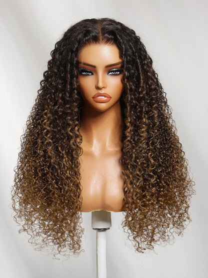 7x5 Pre Cut Dark Brown Ombre With Caramel Ends Curly Wave Lace Wig With Finger Coil Defined Curls