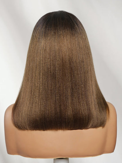 180% Density 7x5 Pre Cut Black to Chestnut Brown Ombre Yaki Straight Bob Lace Wig With Soft Face-framing Layers