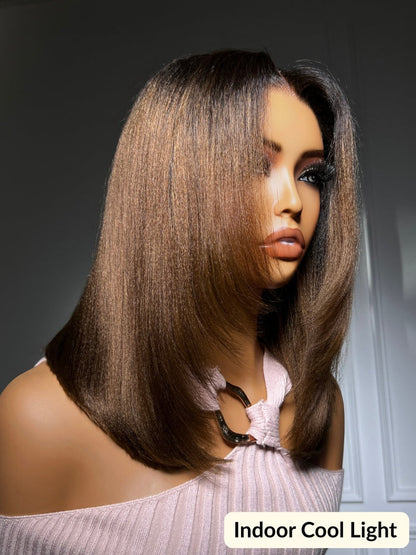 180% Density 7x5 Pre Cut Black to Chestnut Brown Ombre Yaki Straight Bob Lace Wig With Soft Face-framing Layers