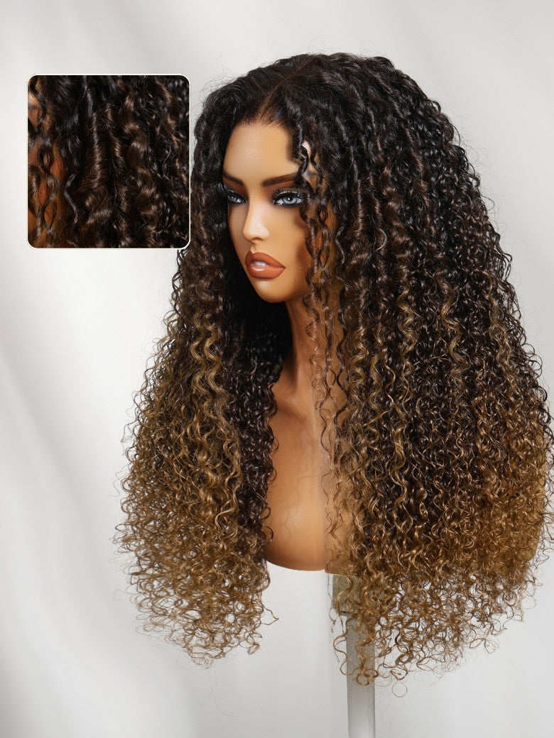 7x5 Pre Cut Dark Brown Ombre With Caramel Ends Curly Wave Lace Wig With Finger Coil Defined Curls