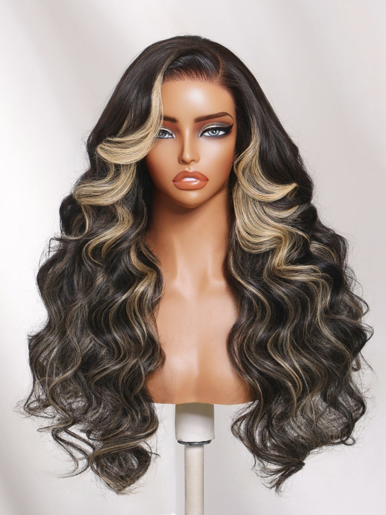 7x5 Pre Cut Blonde Balayage Highlight Body Wave Lace Wig With Soft Face-Framing Layers