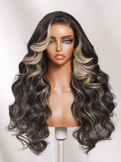 7x5 Pre Cut Blonde Balayage Highlight Body Wave Lace Wig With Soft Face-Framing Layers