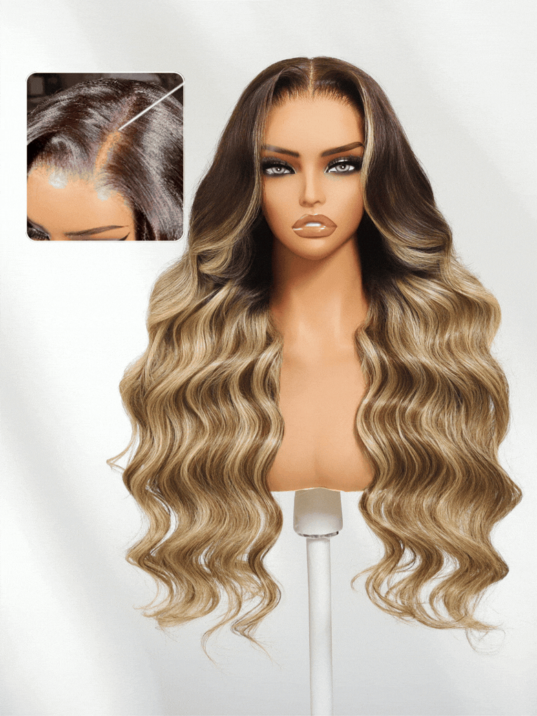 Honey Blonde 13x4 Pre Everything Balayage Body Wave Lace Frontal Wig With Chestnut Brown Root