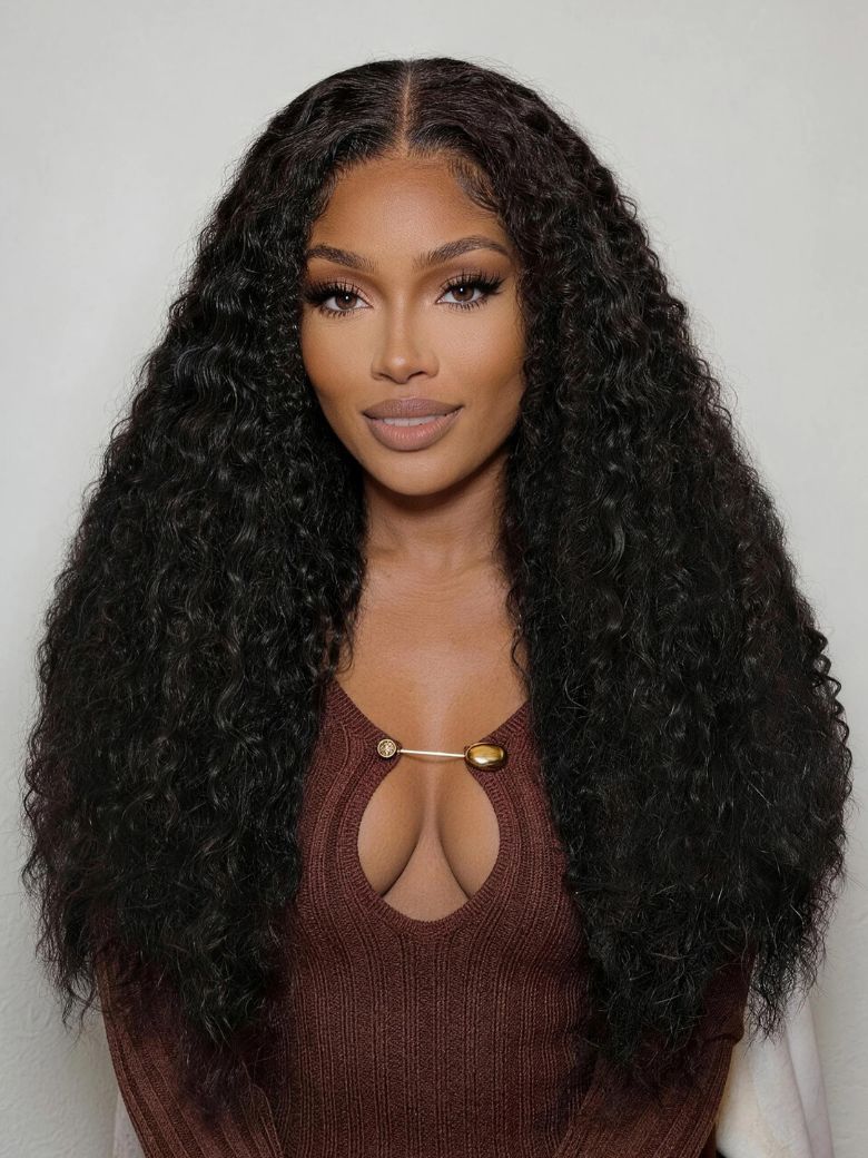 7x5 Pre Cut Lace Multi-Texture Mixed Curly Natural Black Wig Bleached Knots With Invisi Drawstring