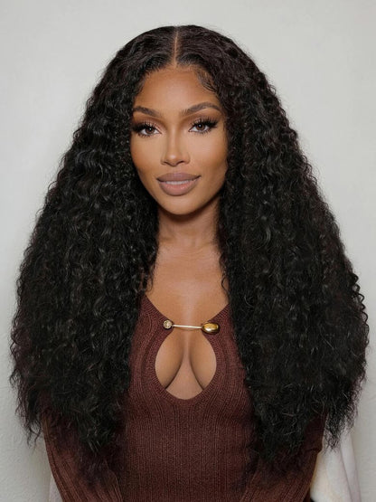 7x5 Pre Cut Lace Multi-Texture Mixed Curly Natural Black Wig Bleached Knots With Invisi Drawstring